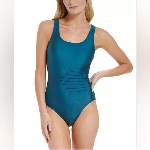 NWOT Calvin Klein | Cypress Shimmer Scoop Back Pleated One Piece Swimsuit 12 - Picture 1 of 12